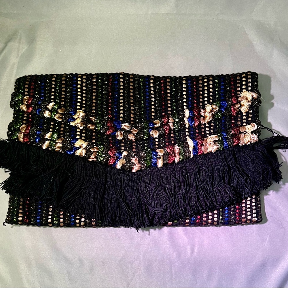 Stella & Dot TAJ Multicolor Metallic Woven/Fringe Trim Envelope Clutch Bag BOHO